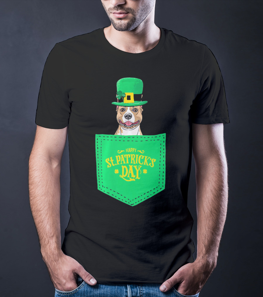 Happy St. Patrick's Day Pitbull Dog In Pocket T-Shirt