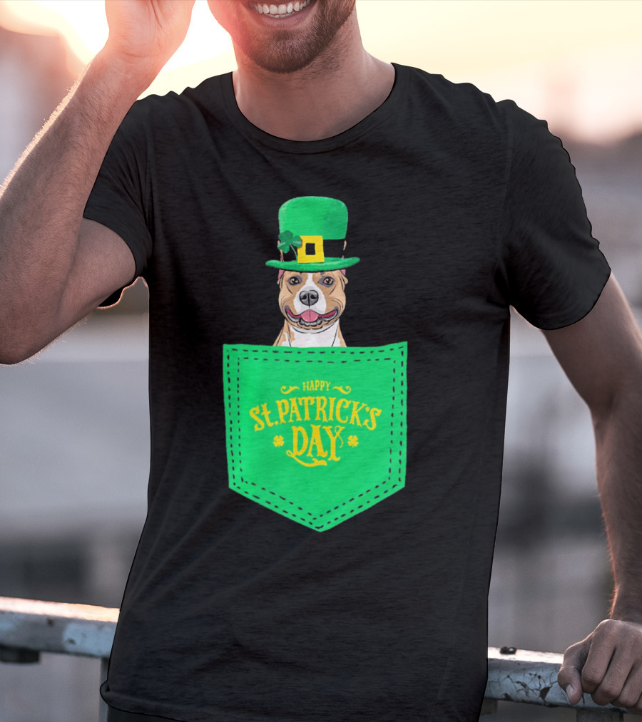 Happy St. Patrick's Day Pitbull Dog In Pocket T-Shirt