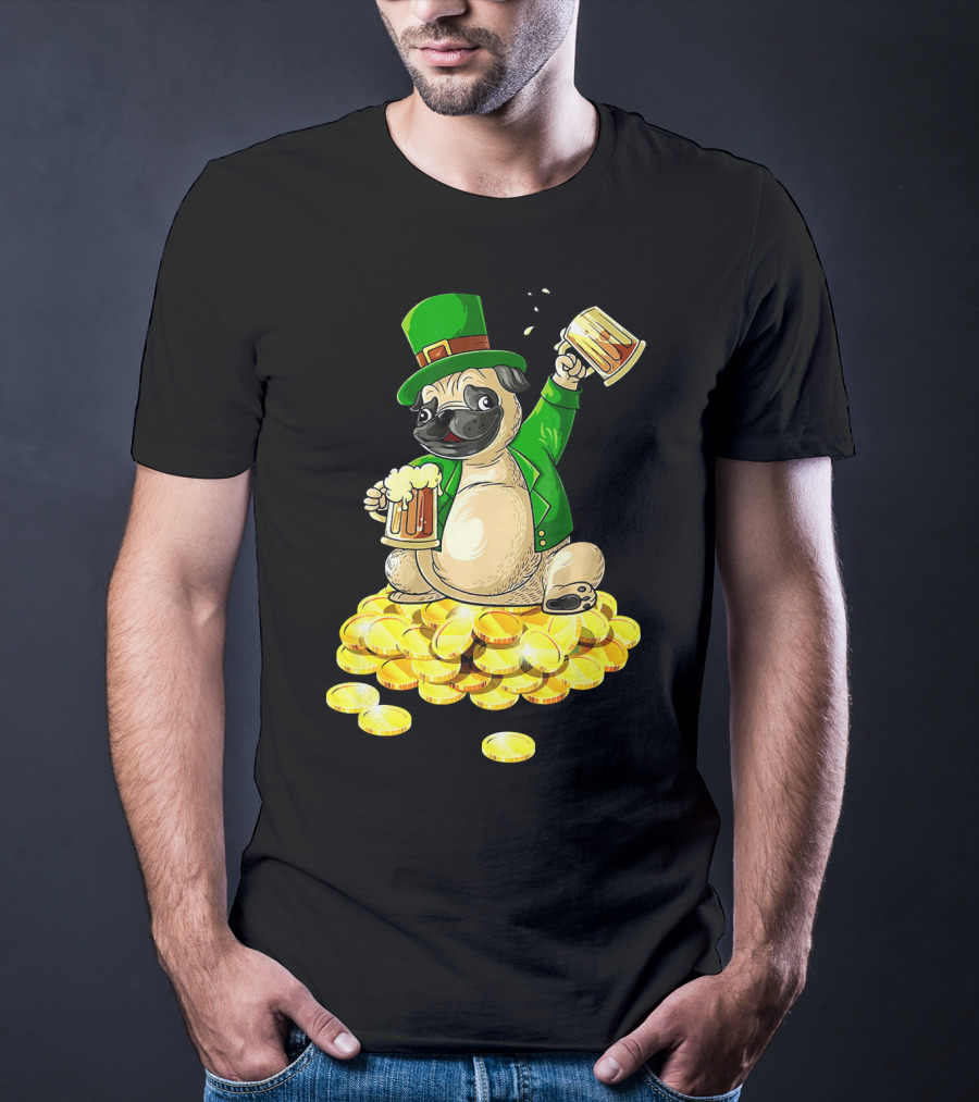 Irish Pug St. Patrick's Day Beer Cheers On Gold Coins T-Shirt