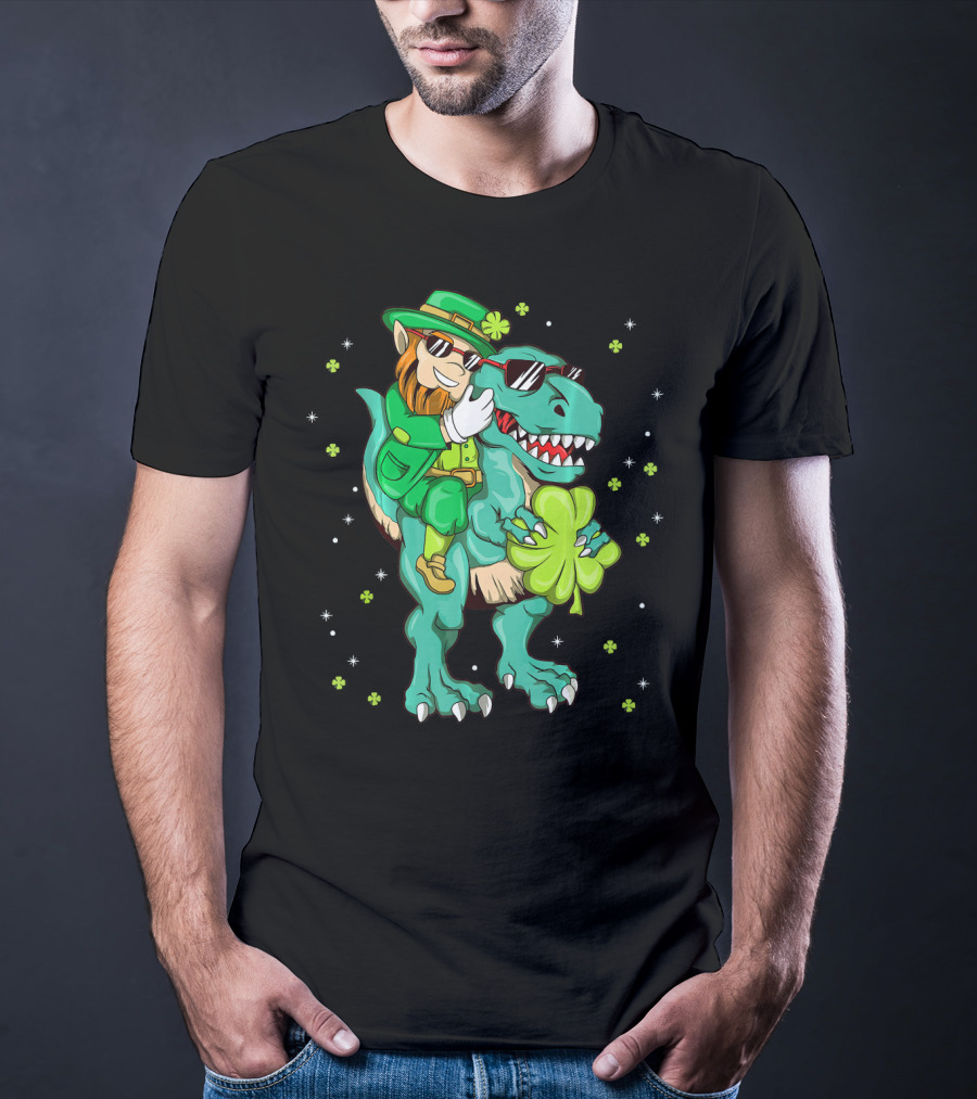 Irish Leprechaun Riding Dinosaur With Clover And Sunglasses T-Shirt