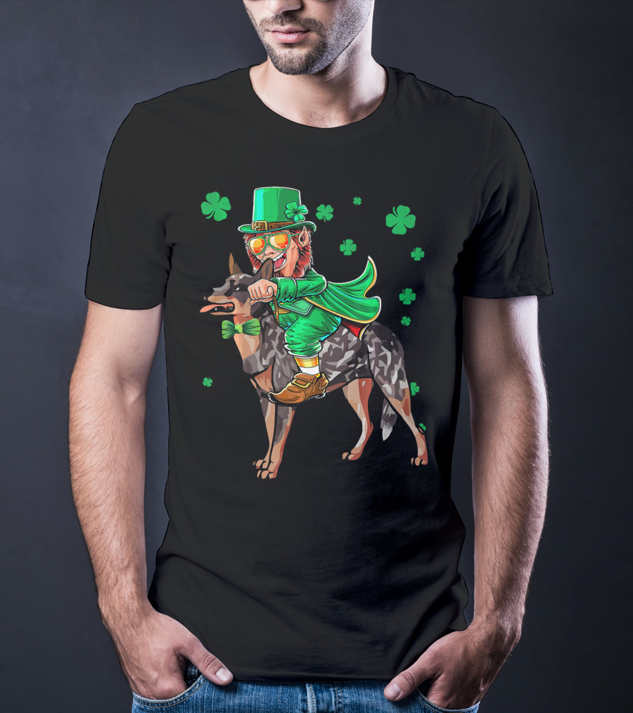Leprechaun Riding Australian Cattle Dog With Shamrocks T-Shirt