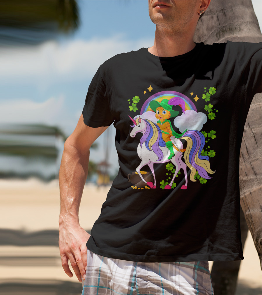 Leprechaun Cat Riding Unicorn With Rainbow And Shamrocks St Patrick Pot Of Gold T-Shirt