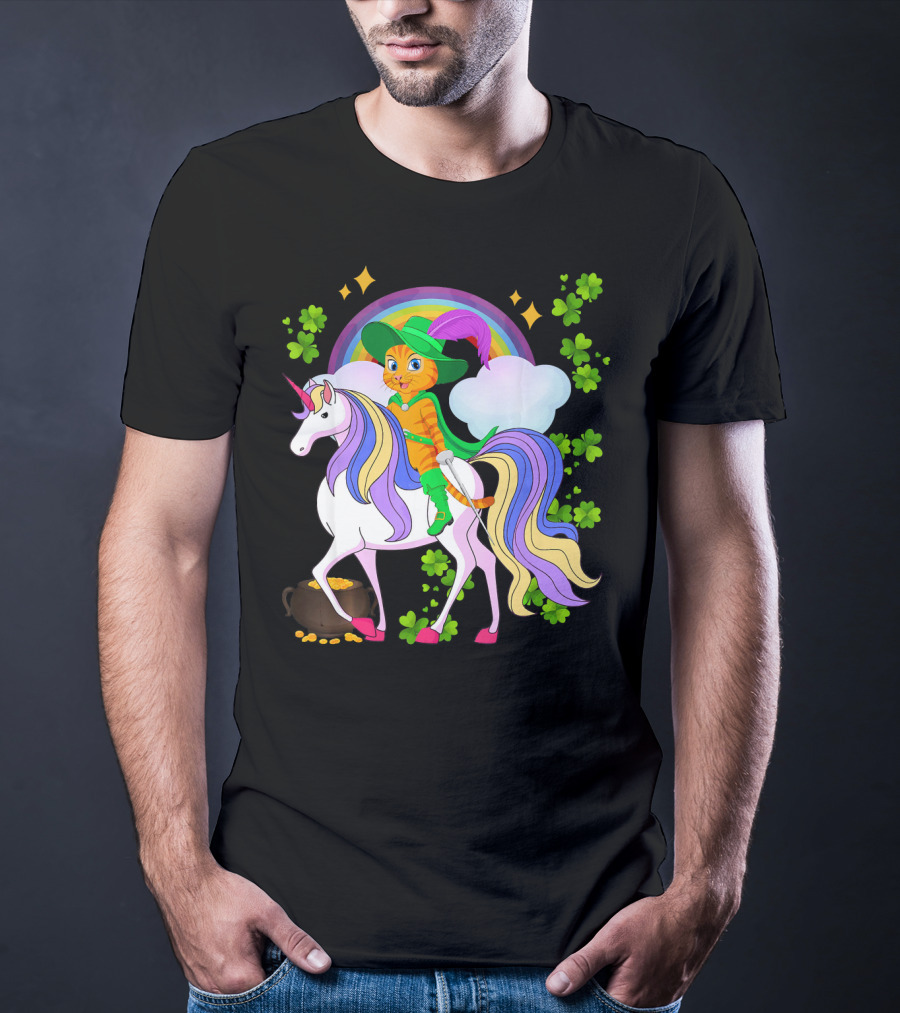 Leprechaun Cat Riding Unicorn With Rainbow And Shamrocks St Patrick Pot Of Gold T-Shirt