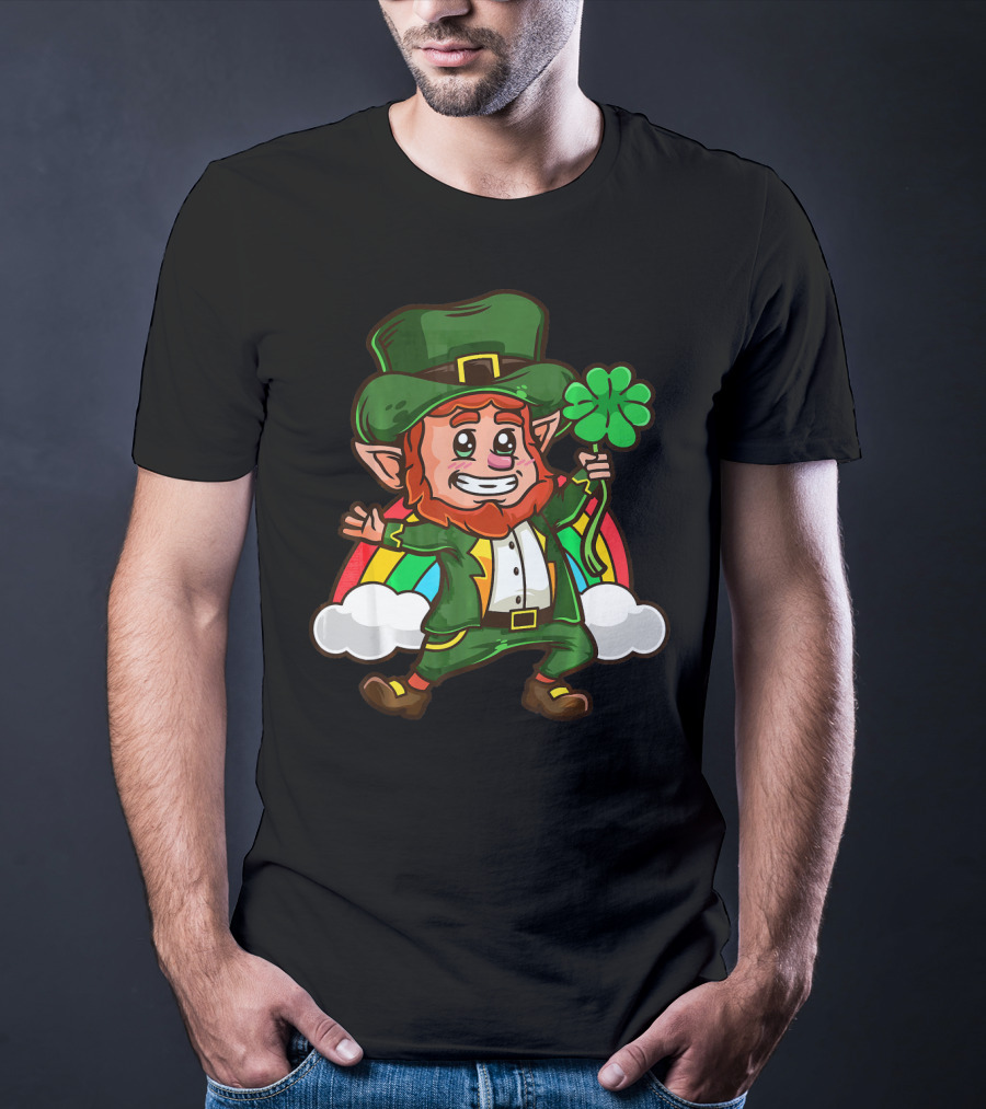 St Patricks Happy Leprechaun Holding Shamrock With Rainbow And Clouds T-Shirt
