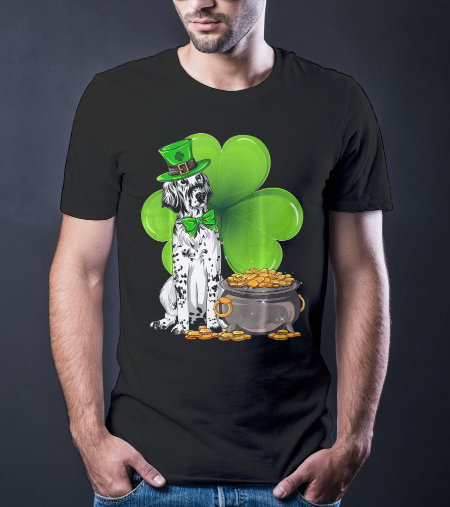 English Setter St Patricks Day Leprechaun Dog With Clover And Pot Of Gold T-Shirt