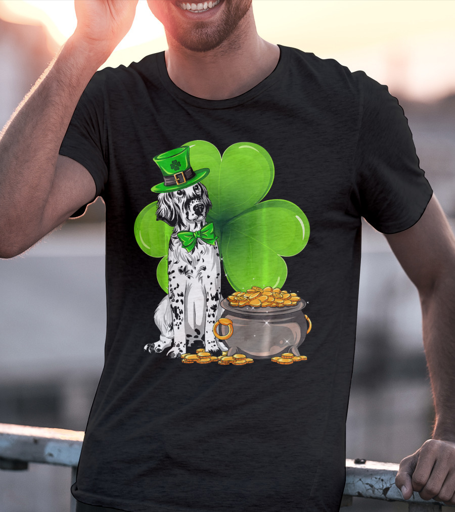 English Setter St Patricks Day Leprechaun Dog With Clover And Pot Of Gold T-Shirt