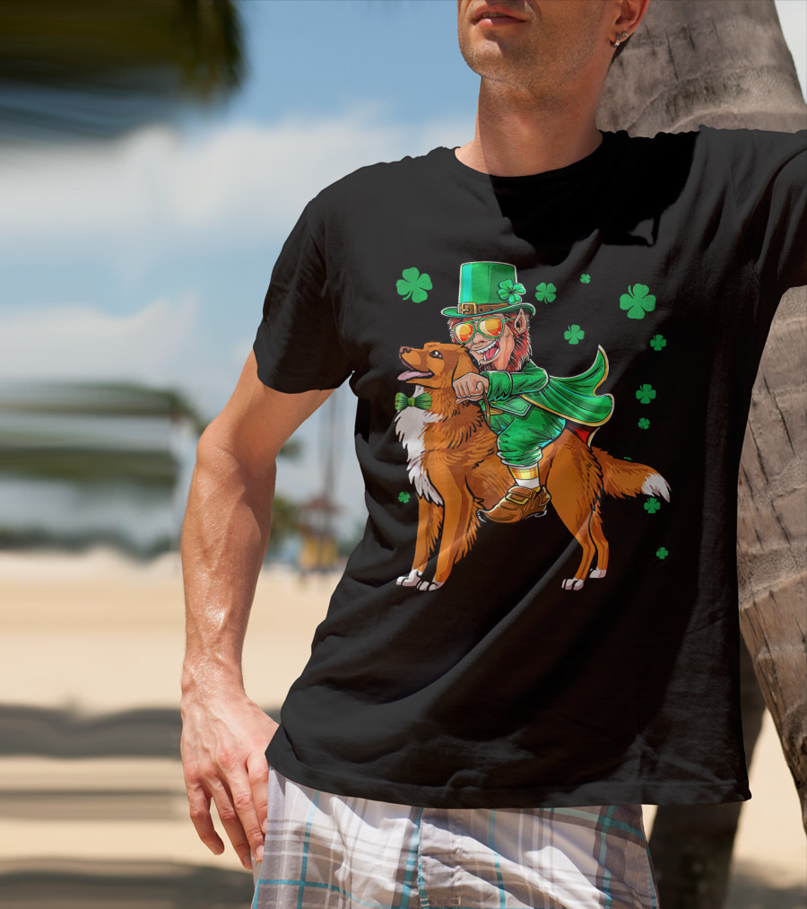Leprechaun Riding Nova Scotia Duck Tolling Retriever With Shamrocks T-Shirt