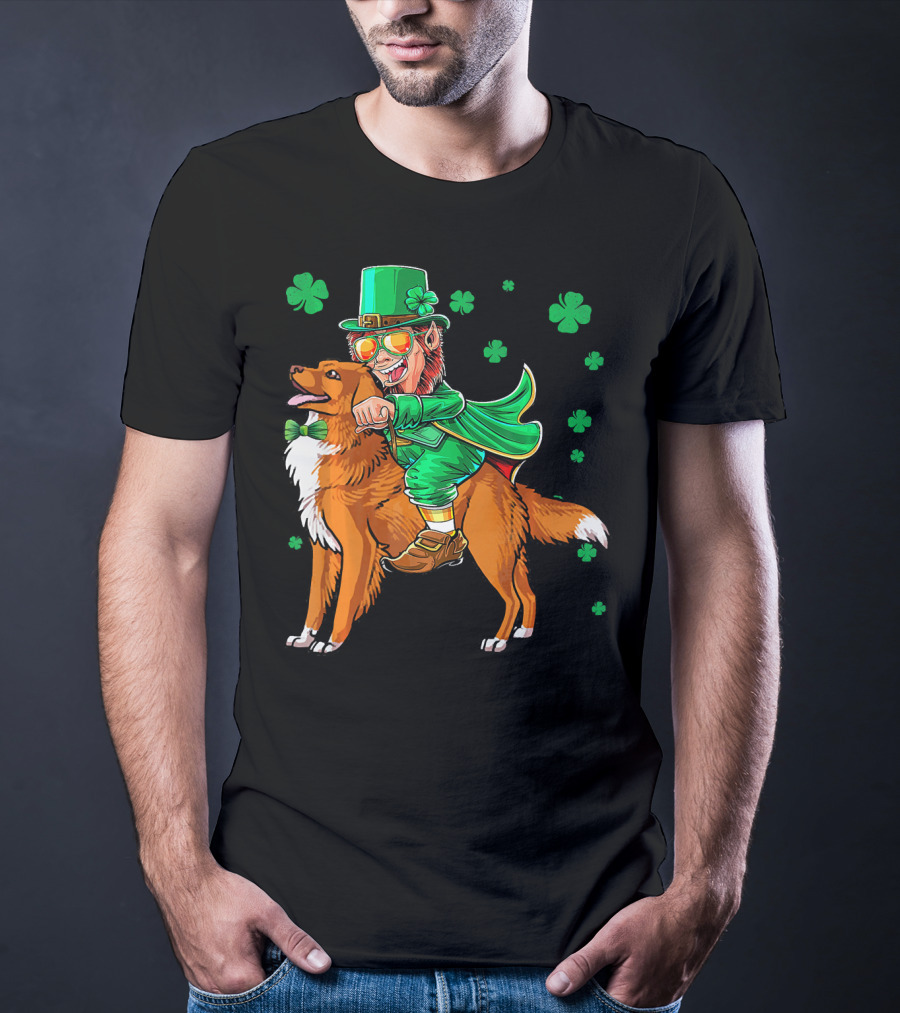 Leprechaun Riding Nova Scotia Duck Tolling Retriever With Shamrocks T-Shirt