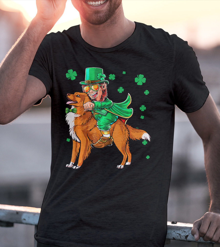 Leprechaun Riding Nova Scotia Duck Tolling Retriever With Shamrocks T-Shirt