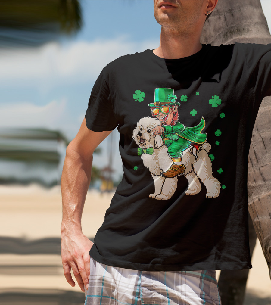 Leprechaun Riding Bichon Frise With Shamrock St. Pat's Day Charm T-Shirt
