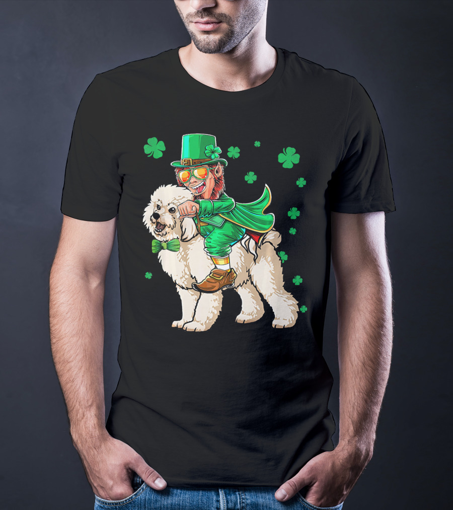 Leprechaun Riding Bichon Frise With Shamrock St. Pat's Day Charm T-Shirt