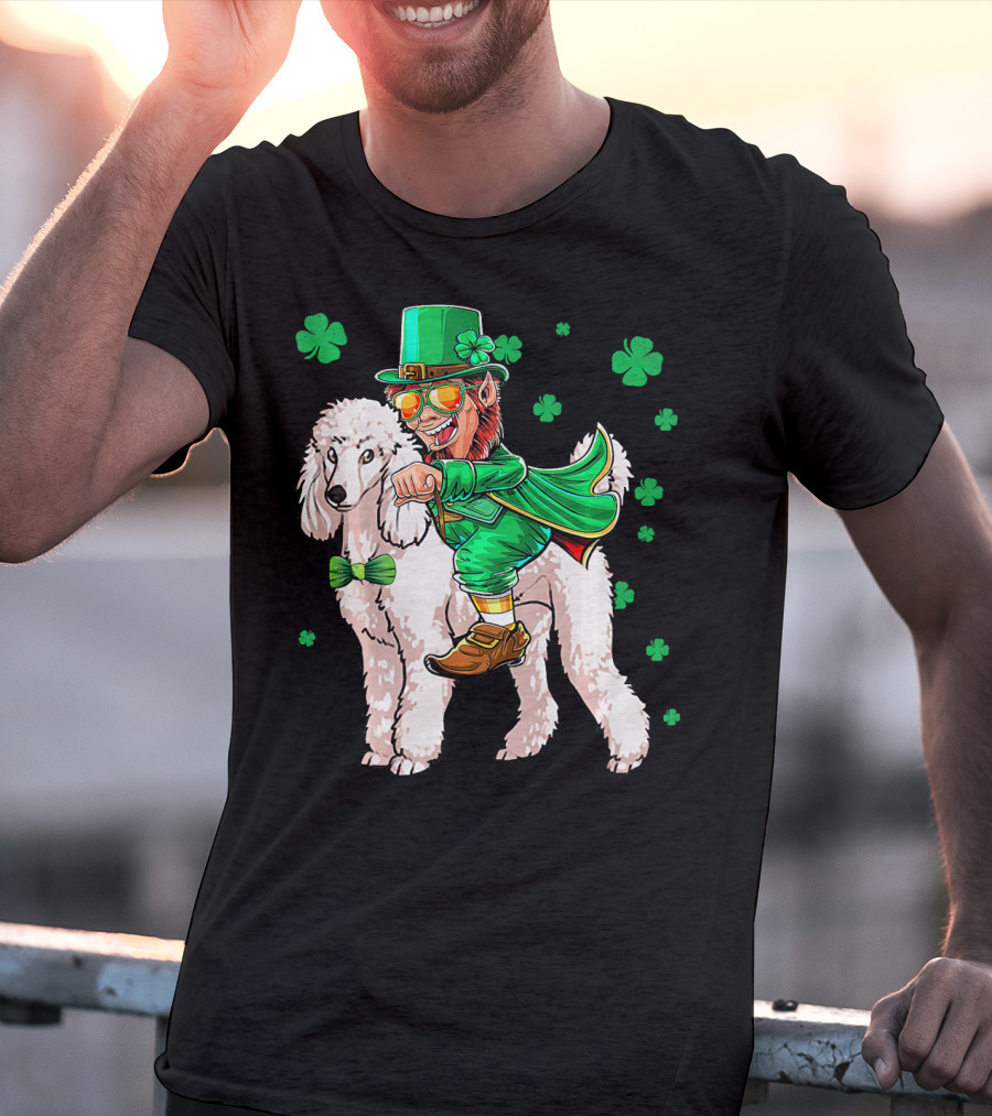 Leprechaun Riding Poodle With Shamrocks St. Patrick's Day T-Shirt