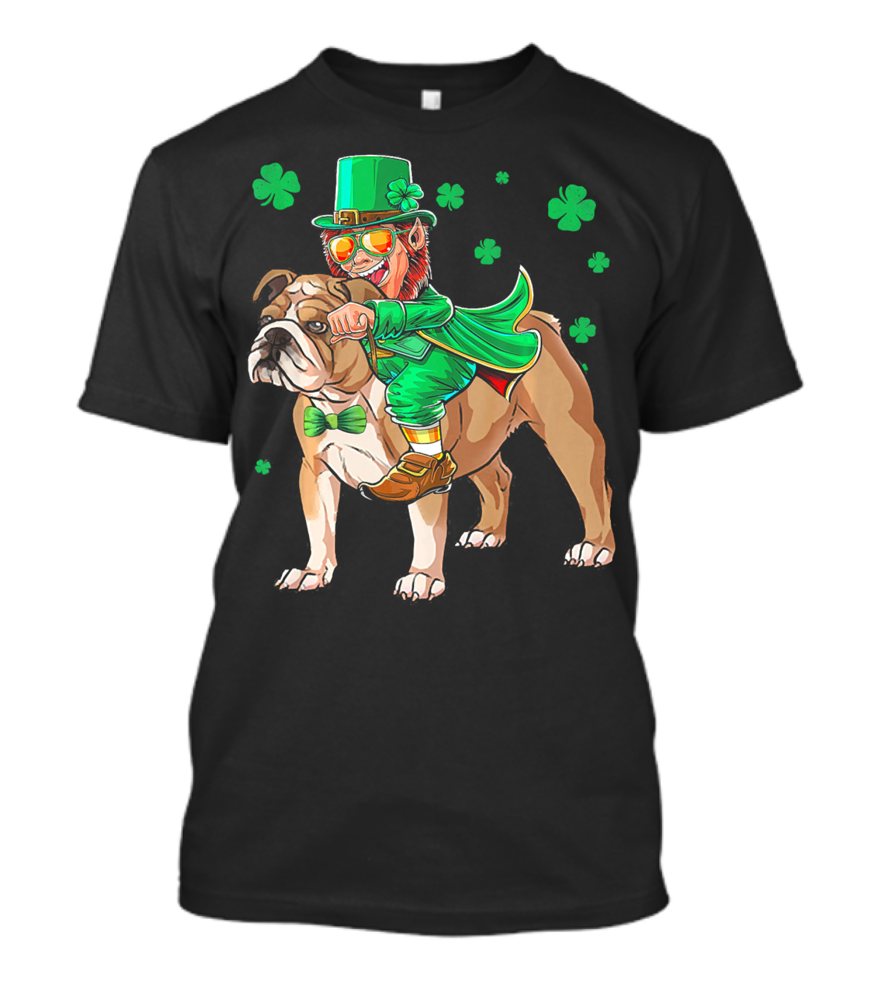 Leprechaun Riding English Bulldog With Shamrocks T-Shirt
