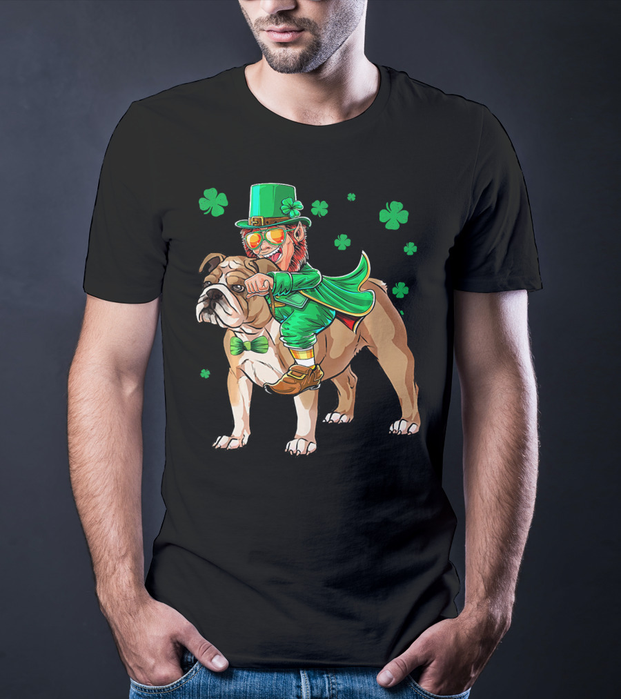 Leprechaun Riding English Bulldog With Shamrocks T-Shirt