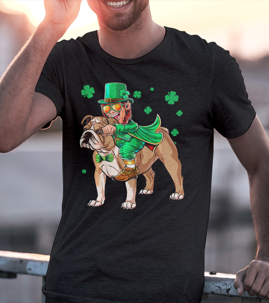 Leprechaun Riding English Bulldog With Shamrocks T-Shirt