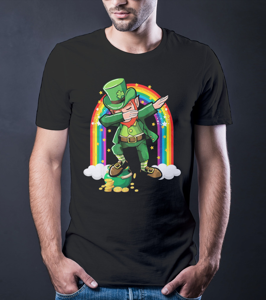 St Patricks Day Leprechaun Dabbing With Rainbow And Gold Coins T-Shirt