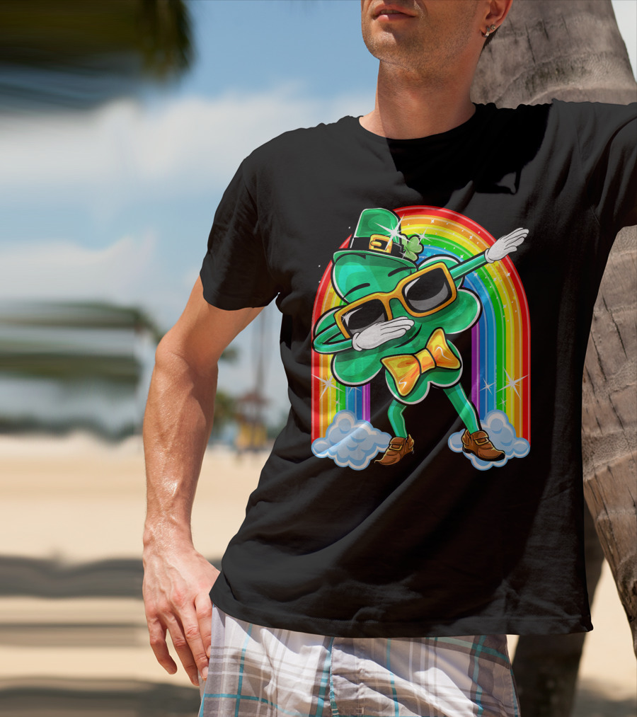 Dabbing St. Patricks Day Shamrock Leprechaun With Rainbow T-Shirt
