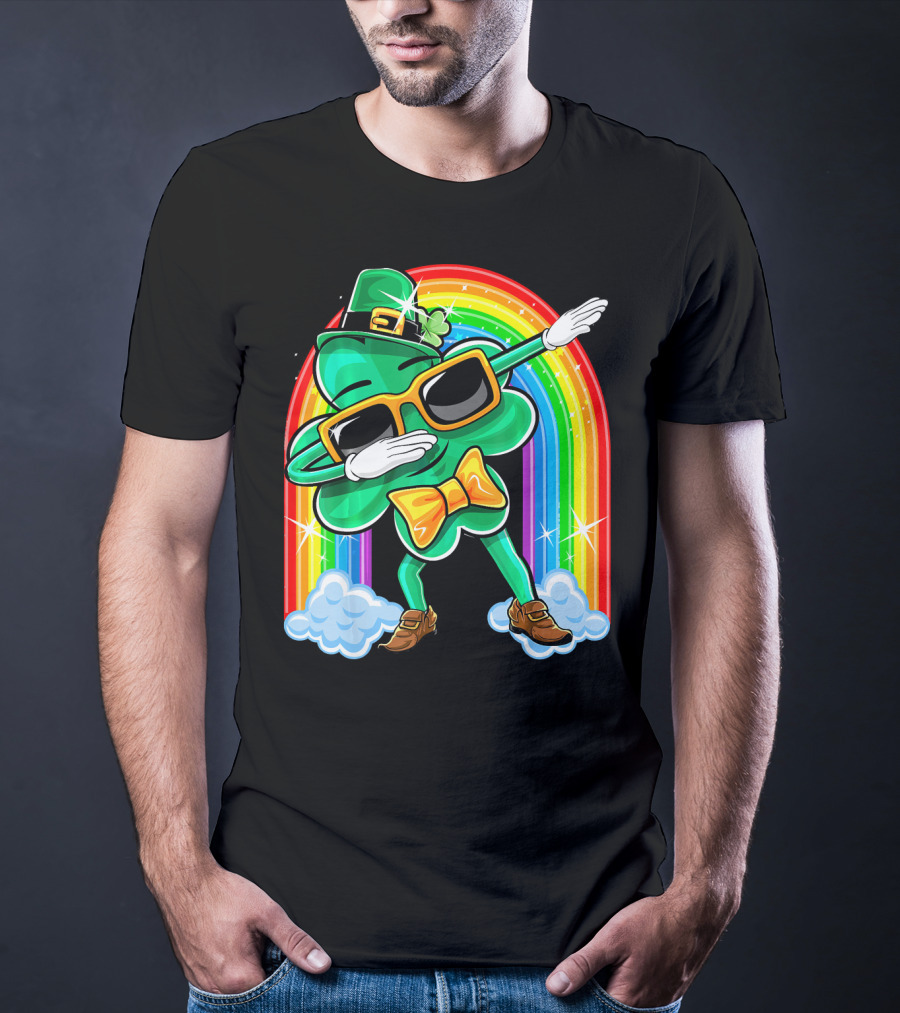Dabbing St. Patricks Day Shamrock Leprechaun With Rainbow T-Shirt