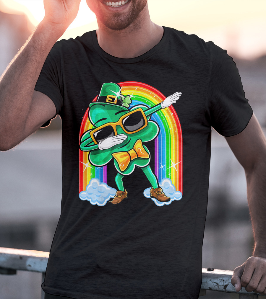 Dabbing St. Patricks Day Shamrock Leprechaun With Rainbow T-Shirt
