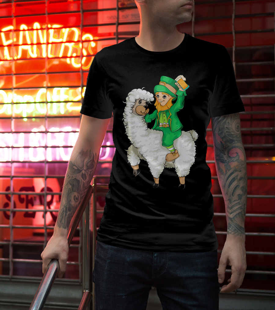 Leprechaun In Green Suit Riding White Fluffy Llama With Beer On St. Patrick's Day T-Shirt