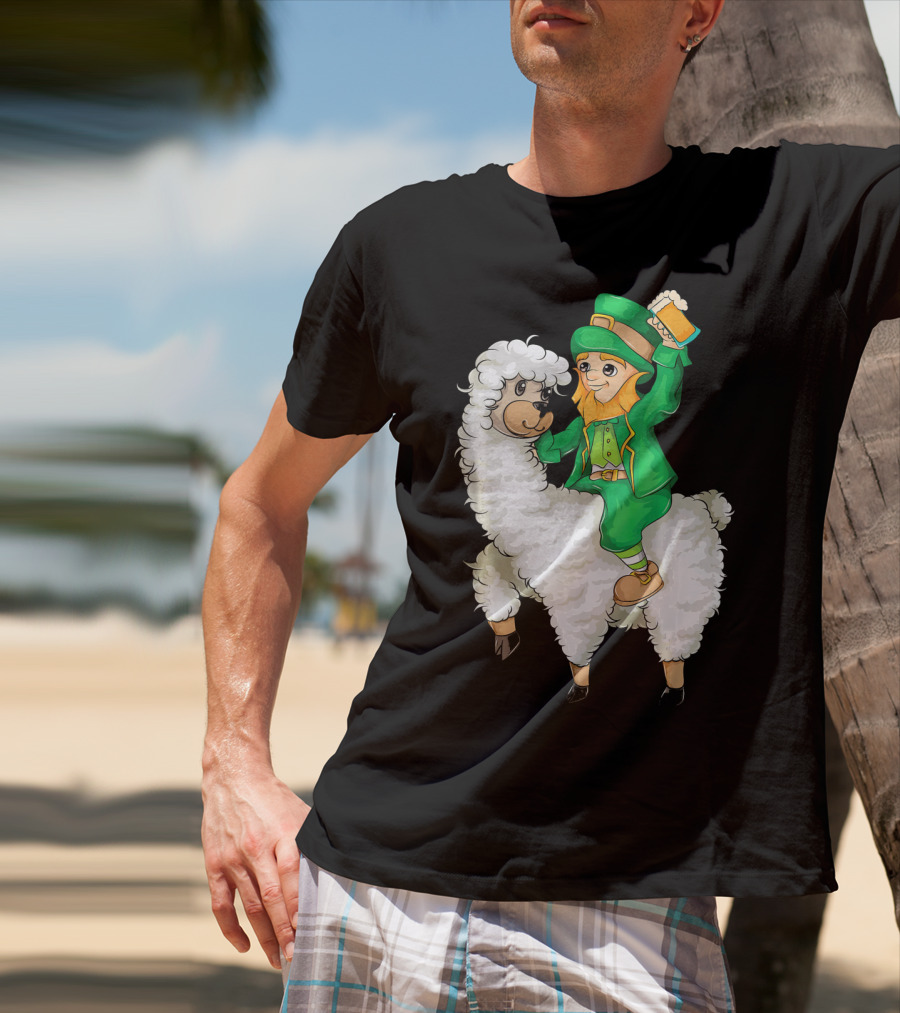 Leprechaun In Green Suit Riding White Fluffy Llama With Beer On St. Patrick's Day T-Shirt