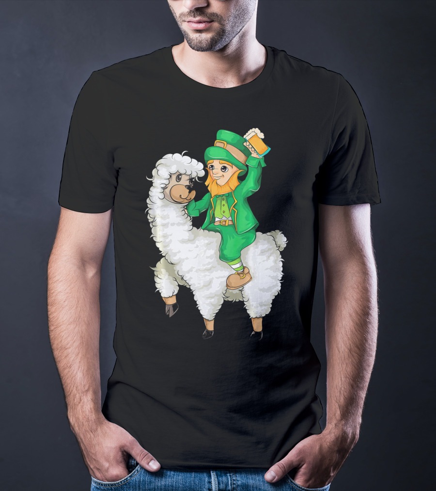 Leprechaun In Green Suit Riding White Fluffy Llama With Beer On St. Patrick's Day T-Shirt