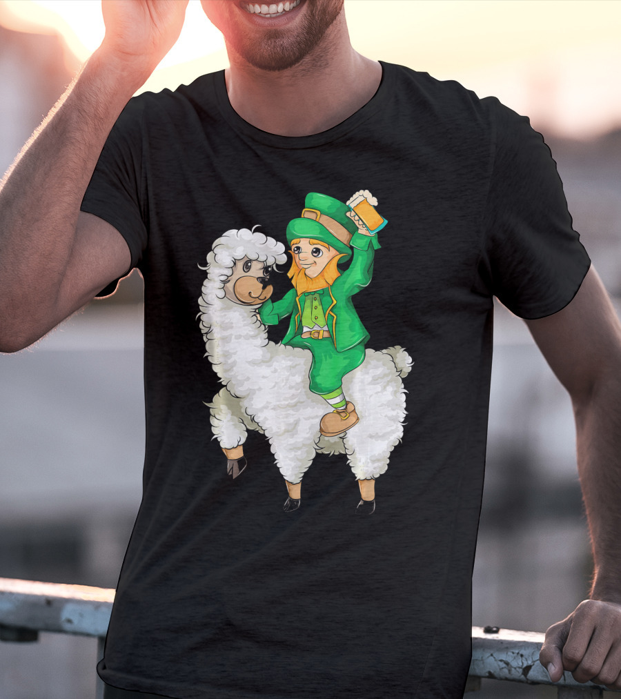 Leprechaun In Green Suit Riding White Fluffy Llama With Beer On St. Patrick's Day T-Shirt