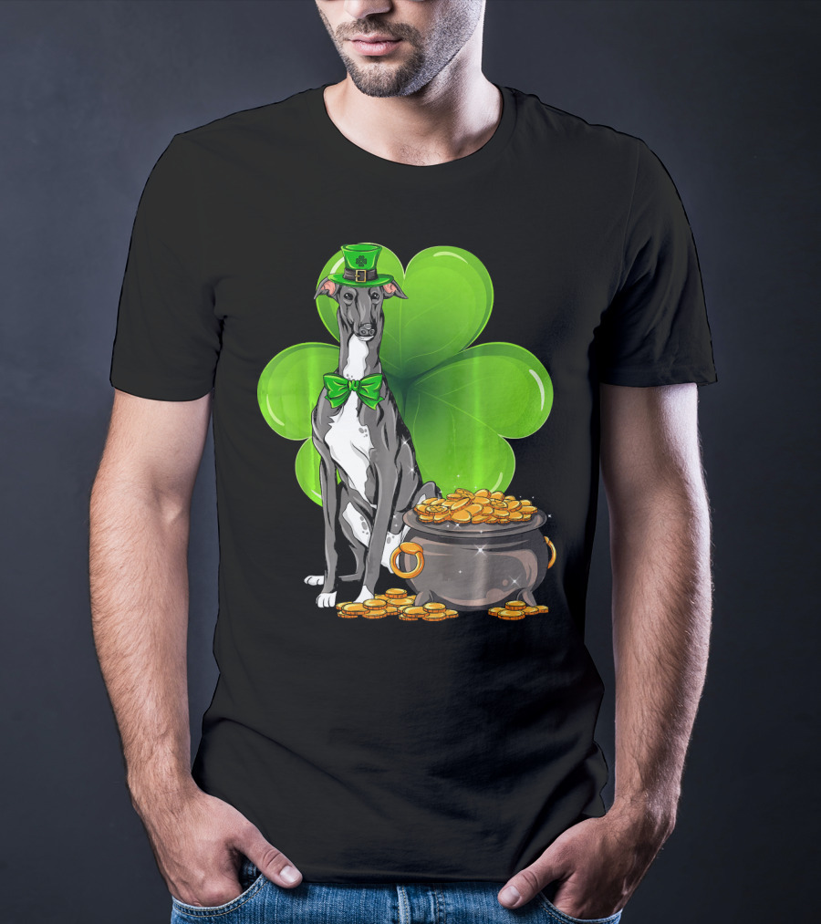 Greyhound St Patricks Day Leprechaun Dog With Shamrock And Pot Of Gold T-Shirt