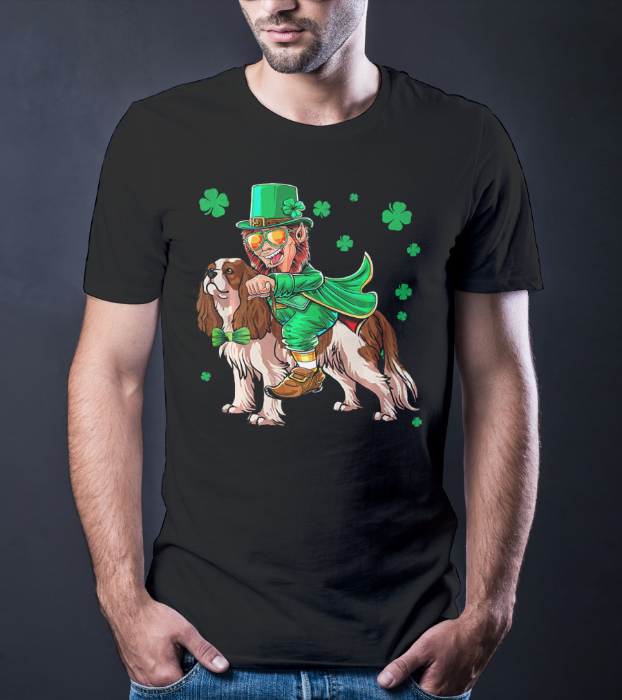 Leprechaun Riding Cavalier King Charles Spaniel With Shamrocks T-Shirt
