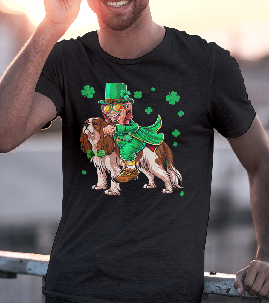 Leprechaun Riding Cavalier King Charles Spaniel With Shamrocks T-Shirt