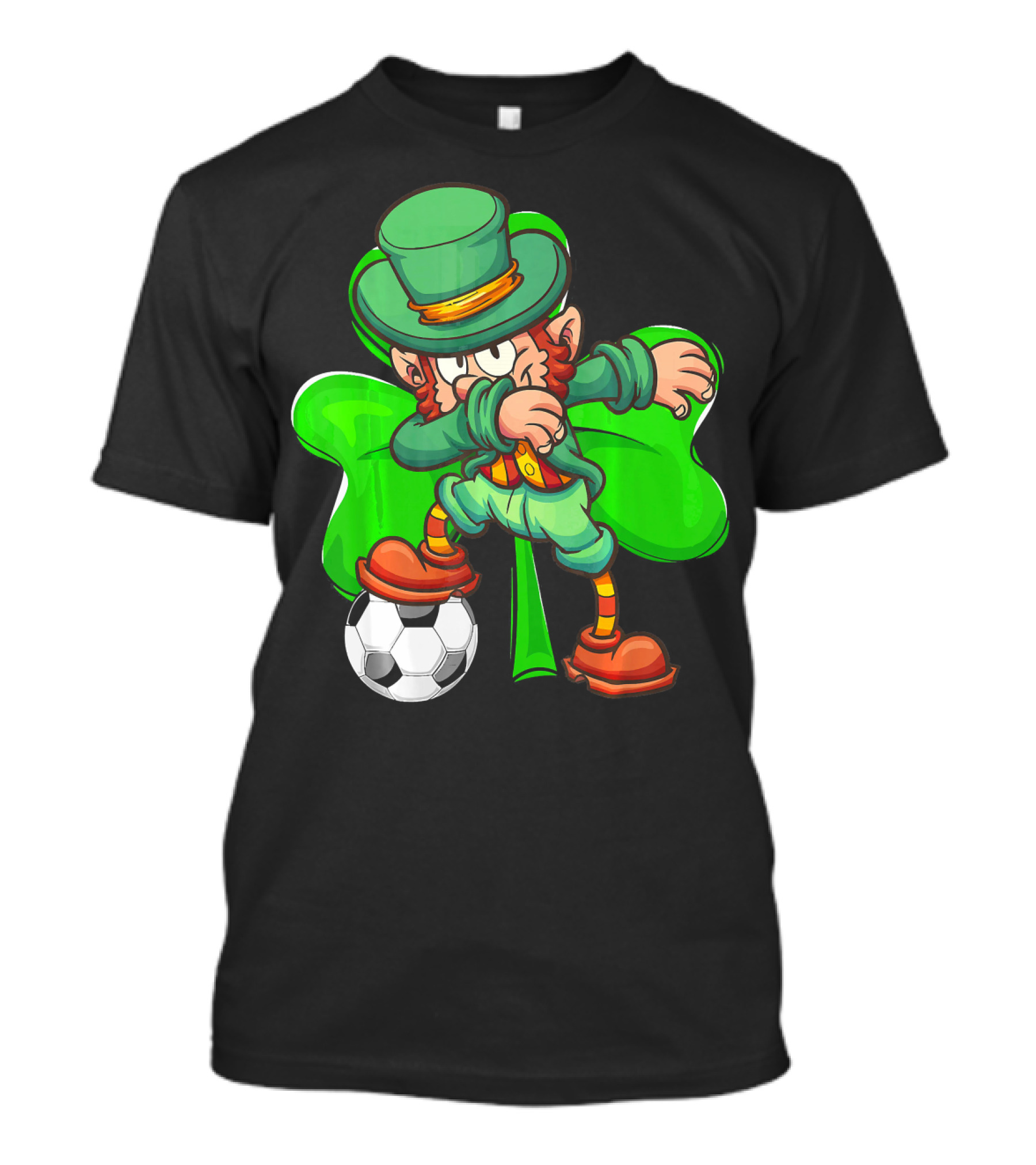 Dabbing Leprechaun Kicking Soccer Ball With Shamrock Background T-Shirt