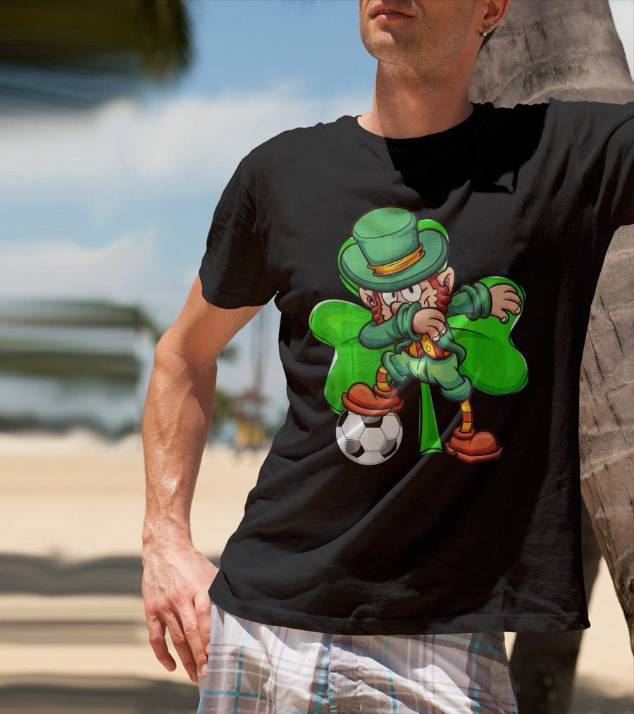 Dabbing Leprechaun Kicking Soccer Ball With Shamrock Background T-Shirt