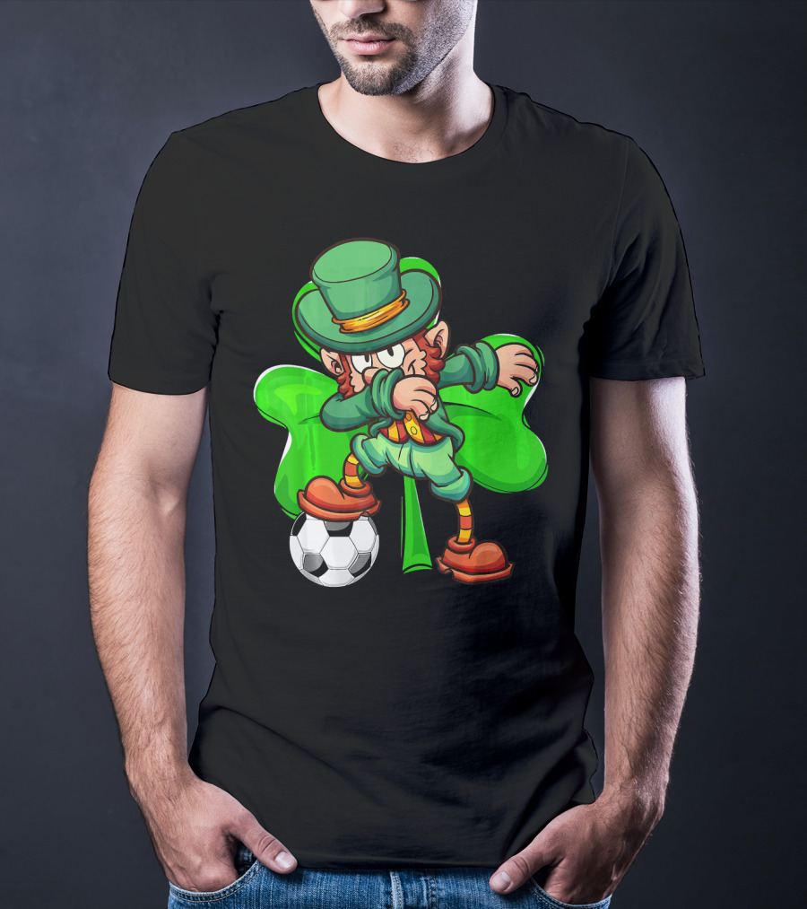 Dabbing Leprechaun Kicking Soccer Ball With Shamrock Background T-Shirt