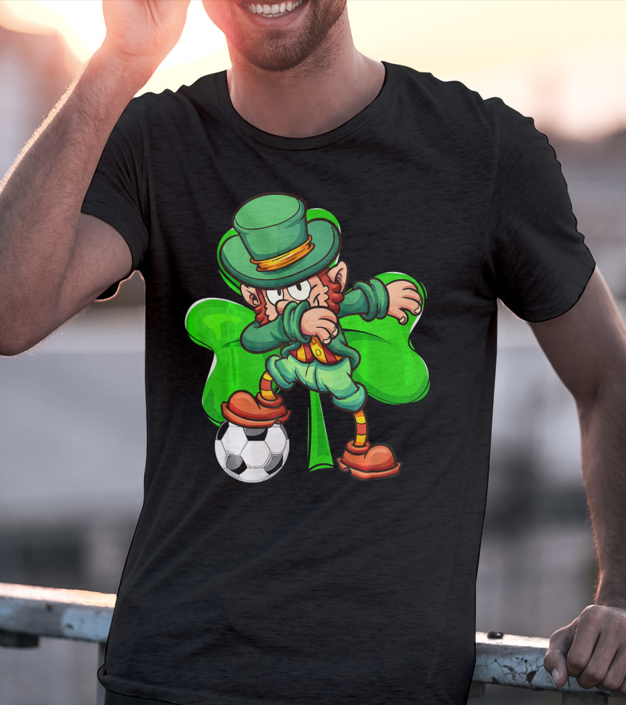 Dabbing Leprechaun Kicking Soccer Ball With Shamrock Background T-Shirt