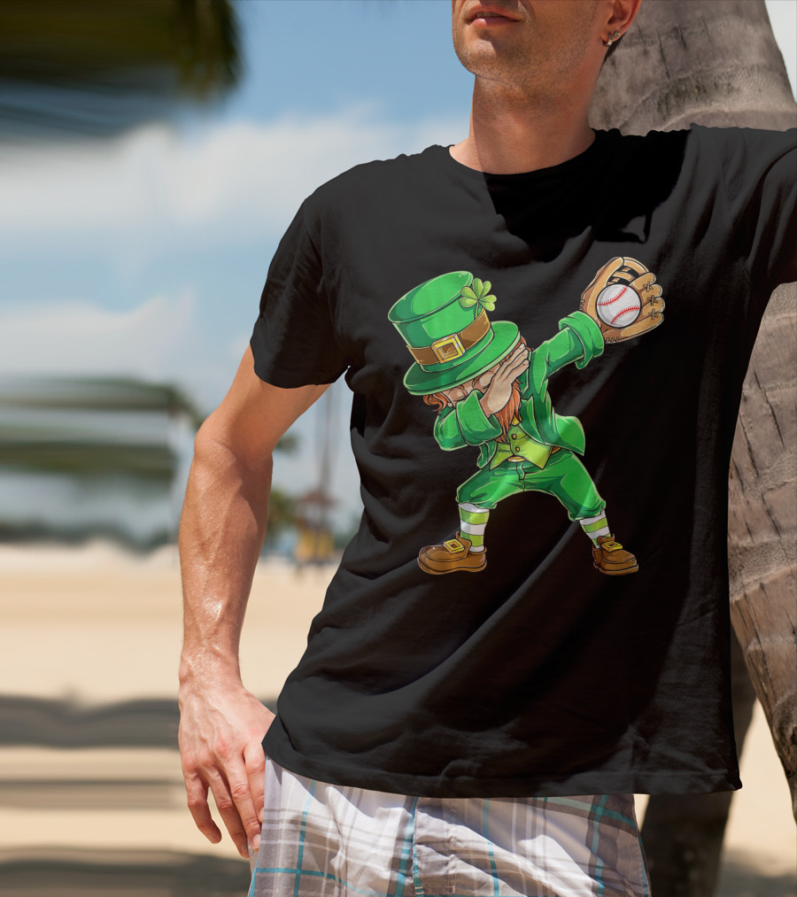 Dabbing Leprechaun Baseball Glove Pitcher Fantasy T-Shirt