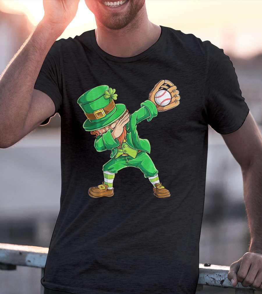 Dabbing Leprechaun Baseball Glove Pitcher Fantasy T-Shirt