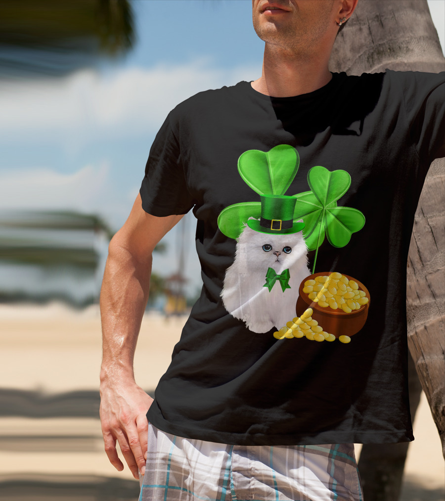 Persian Cat With Leprechaun Hat And Shamrocks St Patricks Day T-Shirt