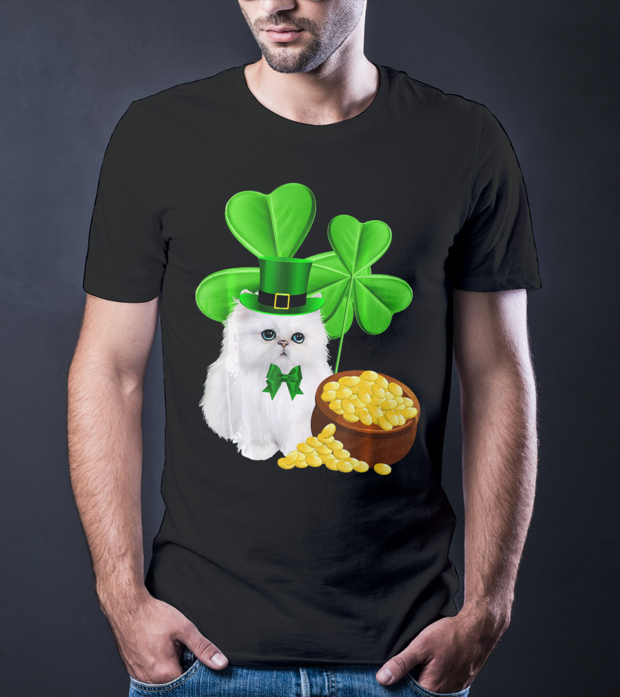 Persian Cat With Leprechaun Hat And Shamrocks St Patricks Day T-Shirt