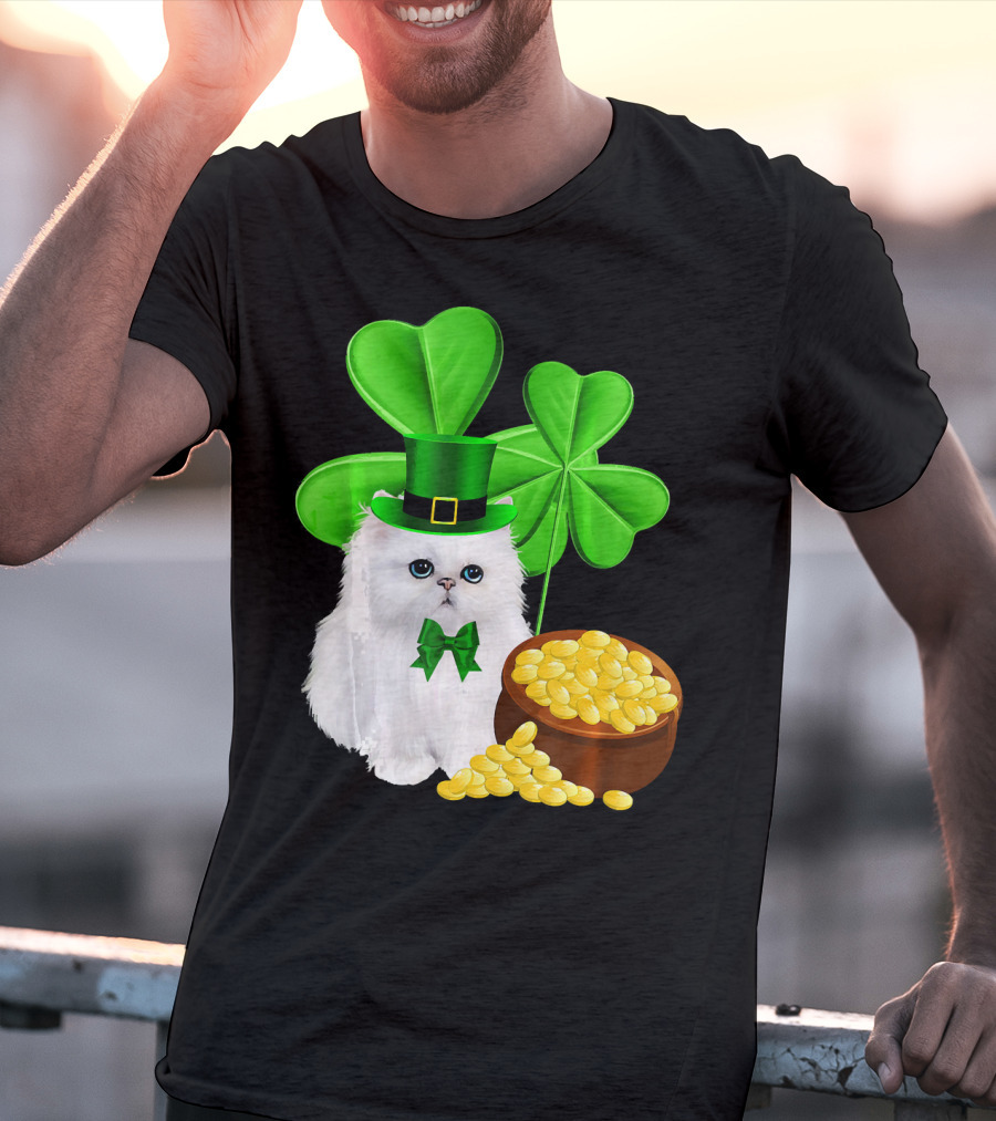 Persian Cat With Leprechaun Hat And Shamrocks St Patricks Day T-Shirt