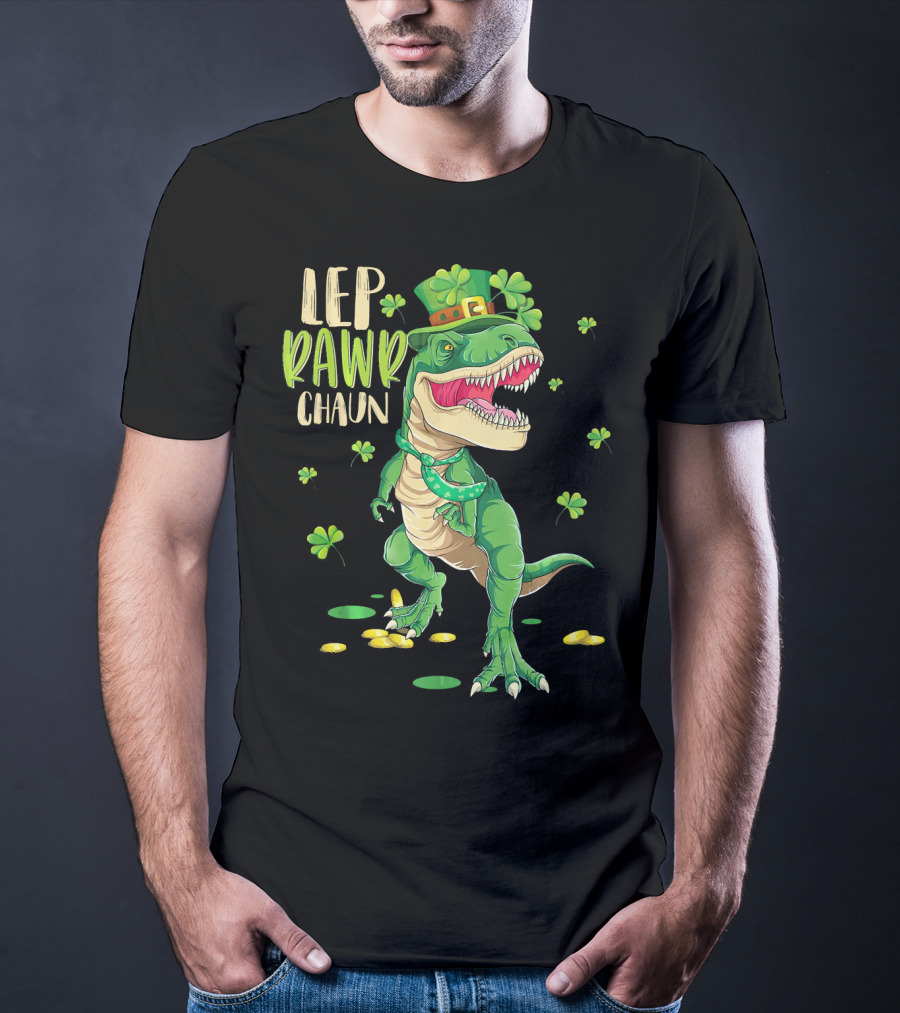 Leprawrchaun St. Patrick's Day Dinosaur With Shamrocks And Gold Coins T-Shirt