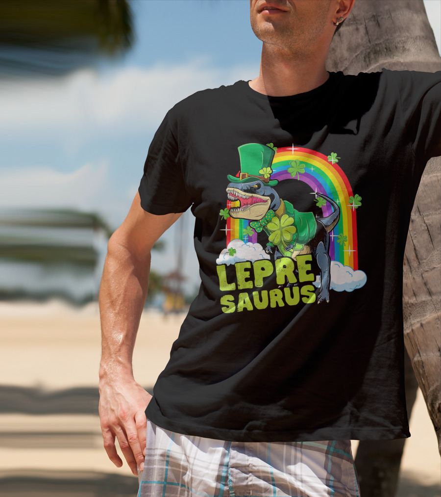 Lepresaurus Dinosaur With Shamrocks And Rainbow St Patrick's Day T-Shirt