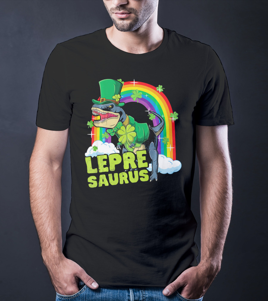 Lepresaurus Dinosaur With Shamrocks And Rainbow St Patrick's Day T-Shirt
