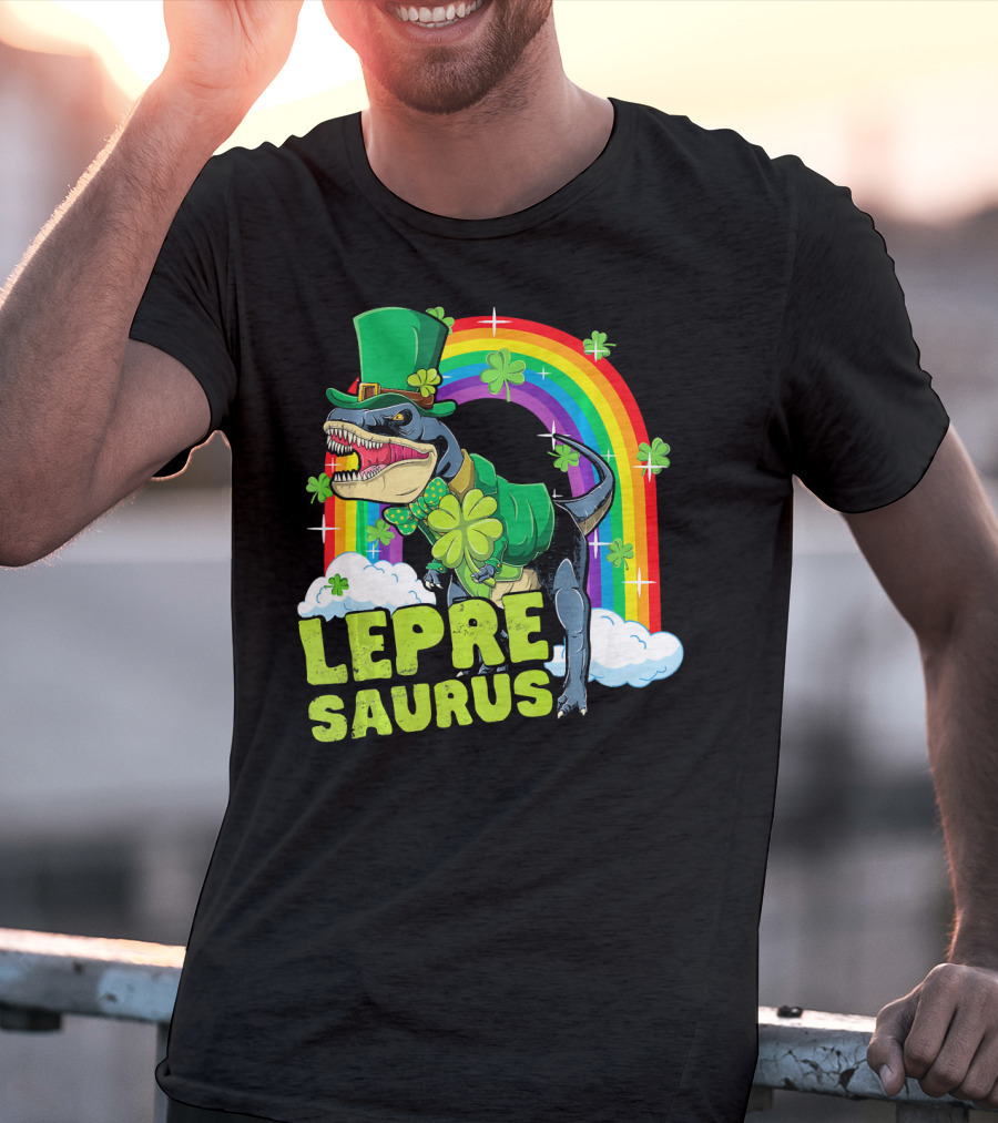 Lepresaurus Dinosaur With Shamrocks And Rainbow St Patrick's Day T-Shirt