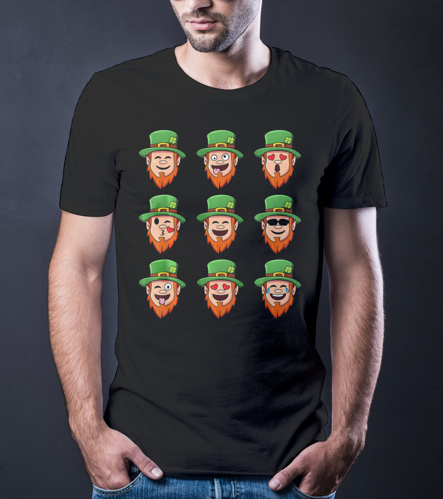 Leprechaun Emoji Faces With Various Expressions In Green Hat And Orange Beard T-Shirt
