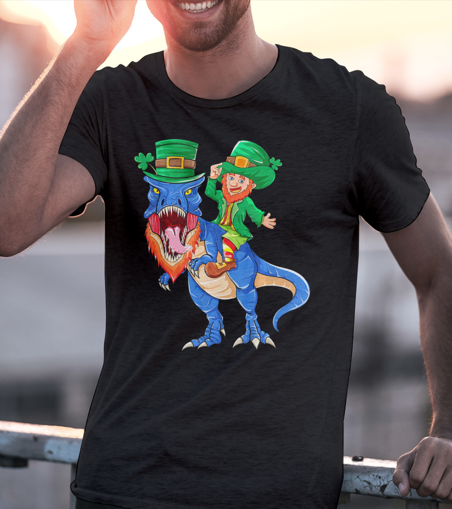T Rex Dinosaur Ridden By Leprechaun St Patricks Day T-Shirt