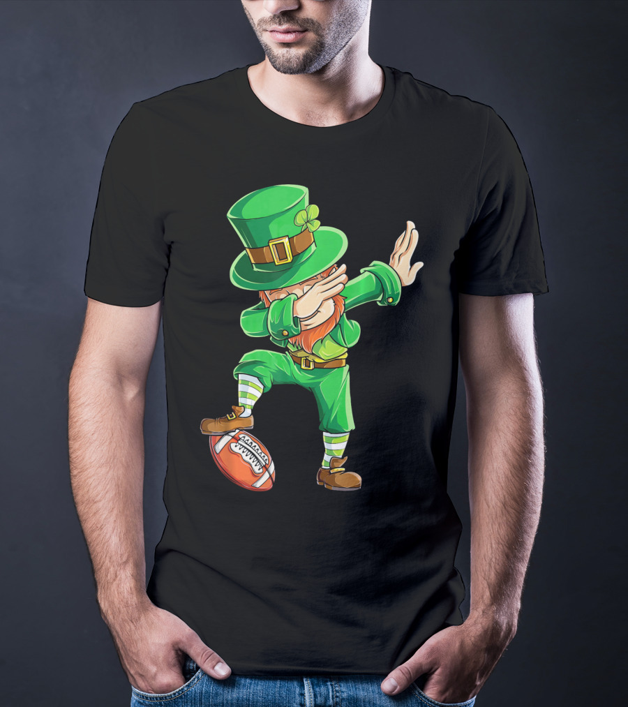 Leprechaun Dabbing On Football With Green Hat And Orange Beard T-Shirt