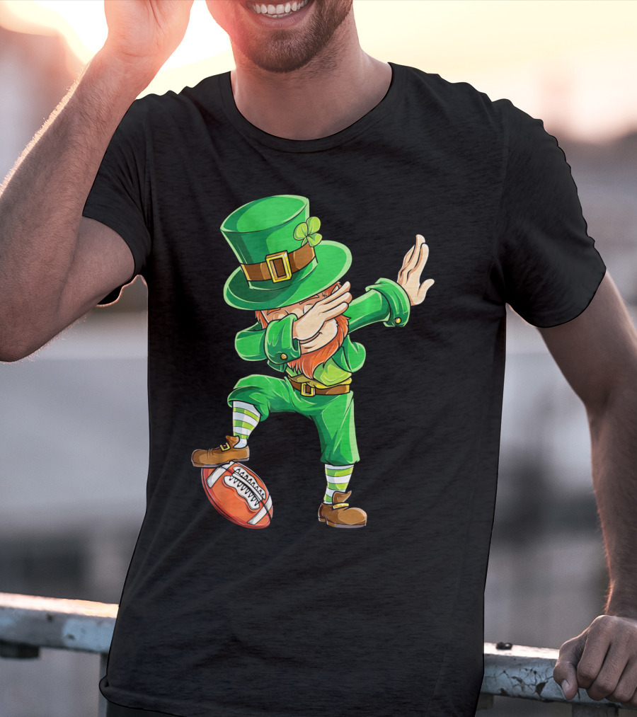 Leprechaun Dabbing On Football With Green Hat And Orange Beard T-Shirt
