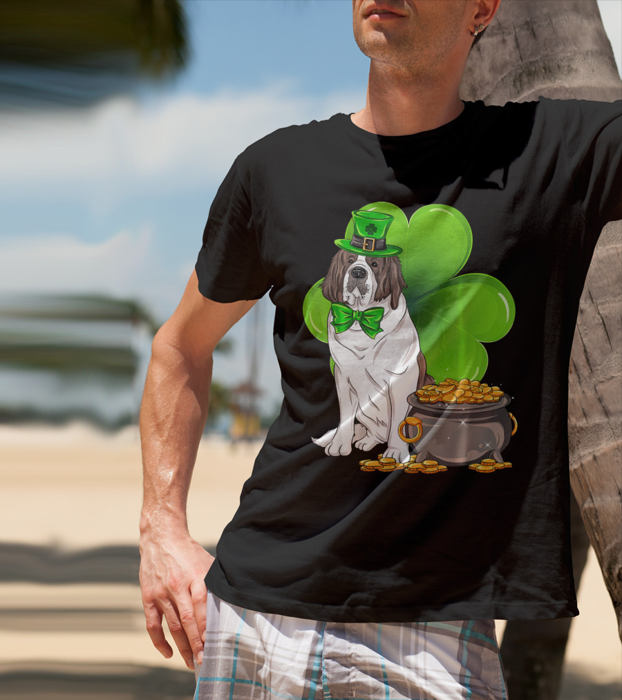 Saint Bernard Leprechaun St Patricks Day Pot Of Gold Clover T-Shirt