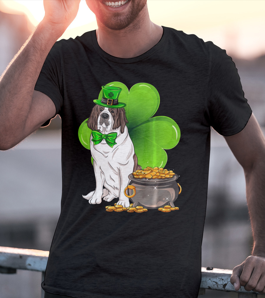 Saint Bernard Leprechaun St Patricks Day Pot Of Gold Clover T-Shirt