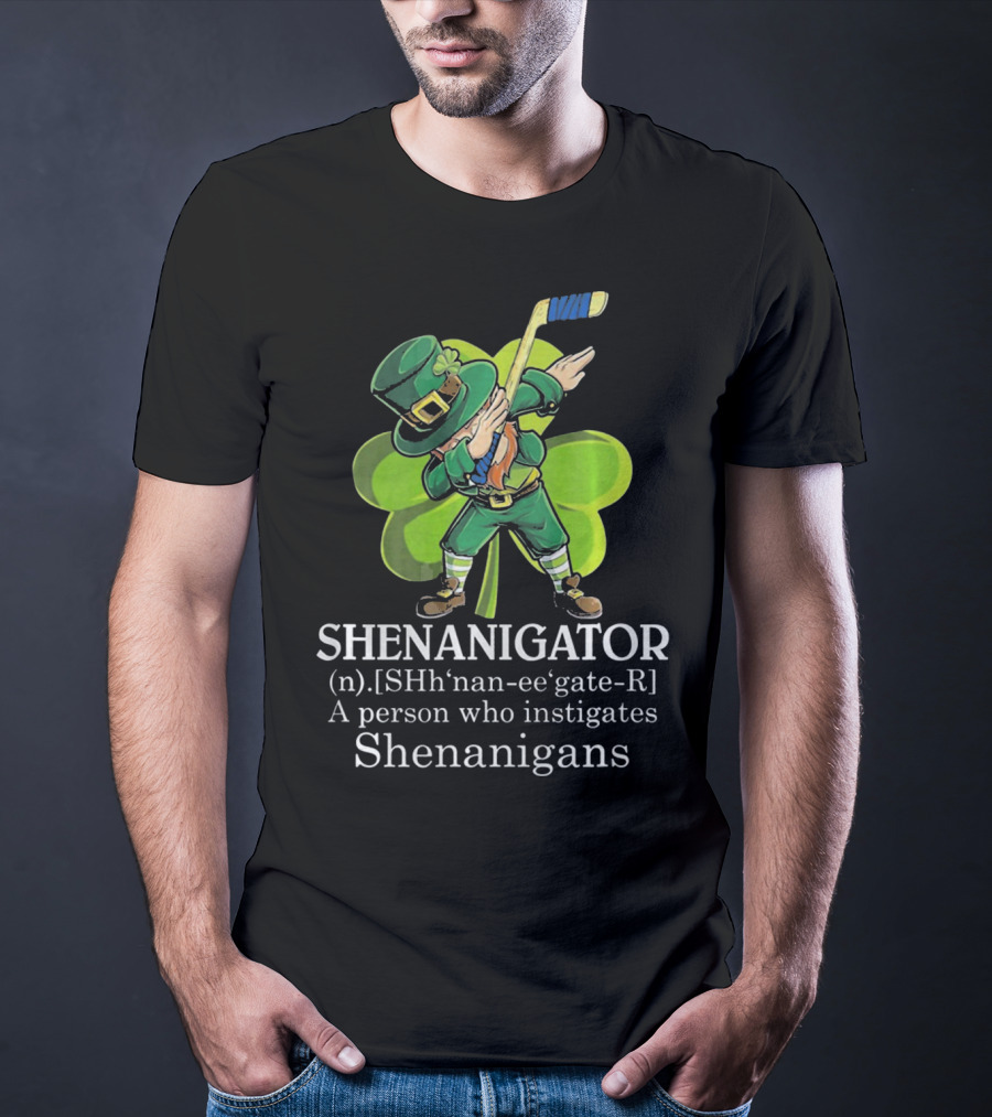 Shenanigator Dabbing Leprechaun Instigates Shenanigans Hockey Shamrock T-Shirt